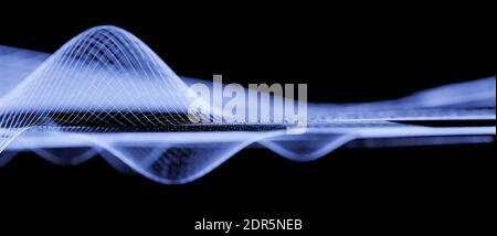 Structure de grille filaire abstraite moderne, arrière-plan virtuel, ondes sonores audio, concept de science ou de données, visualisation des ondes sonores, rendu 3D cgi Banque D'Images