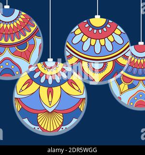 Jouets colorés pour arbres de Noël, décorations. Fond festif. Illustration de Vecteur