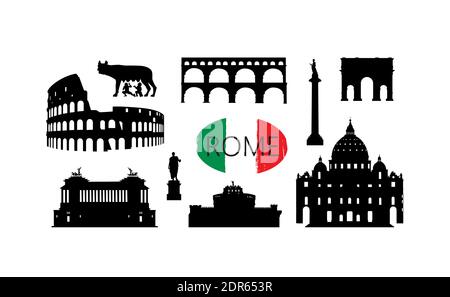 Ensemble de monuments de voyage à Rome. Icônes de silhouettes italiennes célèbres. Architecture, bâtiment, arche, monument, brindge, sculpture principale touristique Illustration de Vecteur