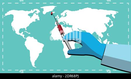 Médecin tenant main le vaccin contre la pandémie de coronavirus avec carte de la terre illustration vectorielle d'arrière-plan Illustration de Vecteur