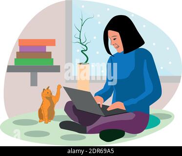 Conception de concept de travail à domicile. Femme indépendante travaillant sur un ordinateur portable dans la maison. Étude et éducation en ligne. Illustration vectorielle modifiable. Illustration de Vecteur