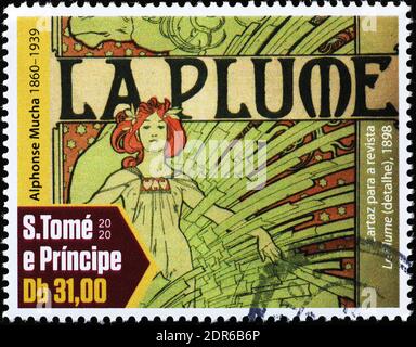 Couverture de magazine peinte par Alfons Mucha sur timbre-poste Banque D'Images