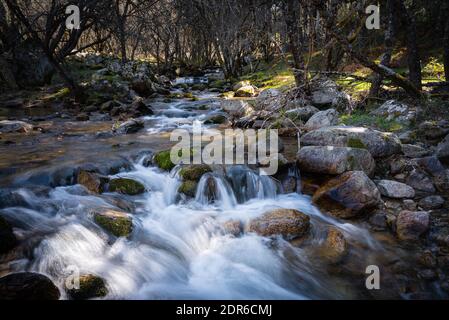 L'eau de la rivière coule entre les rochers et forme de petites cascades, Rascafría, Madrid, Espagne Banque D'Images