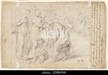 Artiste: Theodore van Thulden, flamand, 1606–1669, après: Francesco Primaticcio, italien, 1504–1570, Ulysses reçoit l'hommage des loyales servantes-femmes, vers 1632, craie noire, feuille: 17.8 × 30.5 cm (7 × 12in.); encadré: 39.37 × 52.07 cm (15 1/2 × 20 1/2in.), il s’agit de l’une des études préparatoires de Theodporte van Thulden pour son ensemble d’estampes après les fresques de Francesco Primaticcio dans la Galerie des Ulysses de Fontainebleau, qui a été publiée en plusieurs éditions par divers éditeurs entre 1633 et 1640. Ce dessin illustre trois épisodes du retour d’Ulysses au pays Banque D'Images