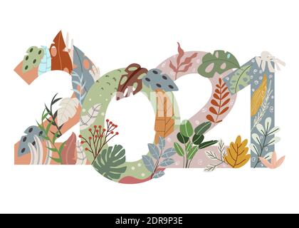 nouvelle année 2021 plante décorative feuille de variation avec style plat Illustration de Vecteur