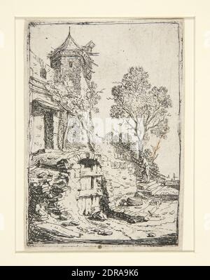 Artiste: Bartholomeus Breenbergh, Néerlandais, 1598–1657, la maison près de la tour hexagonale, Etching, feuille: 9.4 × 6.5 cm (3 11/16 × 2 9/16 in.), fait aux pays-Bas, Néerlandais, 17ème siècle, oeuvres sur papier - estampes Banque D'Images