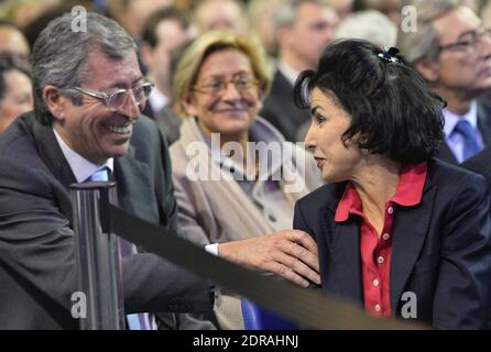 Patrick et Isabelle Balkany, Rachida Dati lors d'une réunion de campagne de la candidate des Républicains (LR) Valérie Pecresse avant le premier tour des élections régionales, à Rueil-Malmaison, près de Paris, France, le 3 décembre 2015. Photo de Christian Liewig/ABACAPRESS.COM Banque D'Images