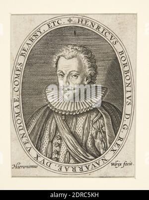 Artiste: Hieronymus Wierix, Flamand, 1553–1619, Roi Henri IV, avant 1619, gravure, feuille: 7.6 × 6 cm (3 × 2 3/8in.), transfert de bibliothèque, fait en Flandre, Flamand, 16ème siècle, oeuvres sur papier - estampes Banque D'Images