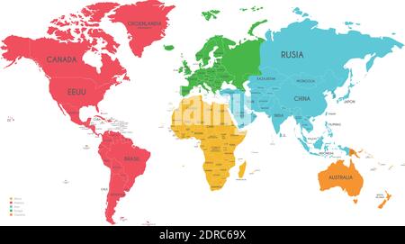 Illustration vectorielle de la carte du monde politique avec différentes couleurs pour chaque continent et isolée sur fond blanc avec des noms de pays en espagnol. Modifier Illustration de Vecteur