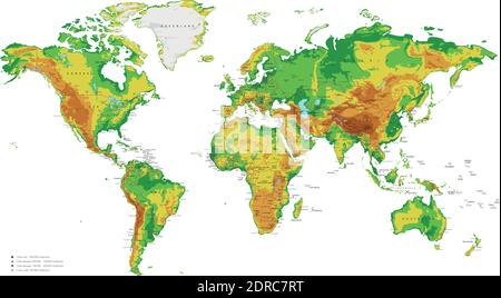 Illustration vectorielle de la carte du monde physique avec villes, pays et frontières internationales Illustration de Vecteur