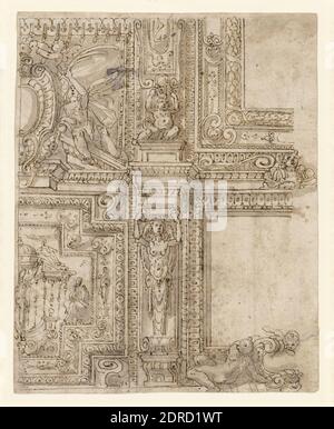 Artiste, peut-être par: Cherubino Alberti, Italien, 1553–1615, détail de l'ornementation de plafond, fin du XVIe siècle, stylo et encre brune et lavage, 16.7 × 13.3 cm (6 9/16 × 5 1/4 in.), fabriqué en Italie, Italien, 16ème siècle, oeuvres sur papier - dessins et aquarelles Banque D'Images