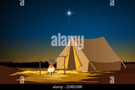 paysage de tente de camping sur la montagne au coucher du soleil Illustration de Vecteur