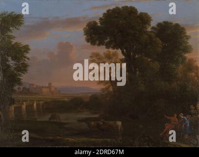 Artiste: Claude Gellée, appelé Claude Lorrain, français, active Rome, 1604–1682, Pastoral Landscape, Oil on Copper, 39.4 × 53.3 cm (15 1/2 × 21 in.), Leonard C. Hanna, Jr., classe de 1913, Bien qu’il soit français, Claude Lorrain a passé toute sa carrière à Rome, où il est devenu le principal peintre de paysages et le modèle de générations de peintres de paysages classiques au XIXe siècle. Cette peinture a été commandée par Hans Georg Werdmuller, un ingénieur militaire suisse, qui l'a probablement commandée par l'intermédiaire d'un agent. Français, peintures du XVIIe siècle Banque D'Images