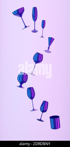 illustration 3d noire avec des lunettes au néon pour champagne, whisky, cognac, martini, petites lunettes levent sur fond rose isolé Banque D'Images