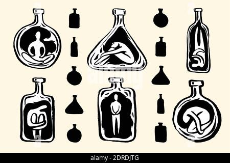 Triste mélancolie dépressive femme alcoolique à l'intérieur de la bouteille Illustration de Vecteur