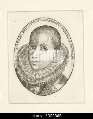 Artiste, attribué à: Anthon Wierix II, Flamand, 1555/59–1604, Philip III, 16ème siècle, gravure, platemark: 5.6 × 4.4 cm (2 3/16 × 1 3/4 in.), fait en Flandre, Flamand, 16ème siècle, oeuvres sur papier - estampes Banque D'Images