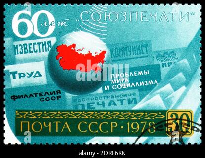 MOSCOU, RUSSIE - 4 JANVIER 2019 : timbre imprimé en URSS (Russie) consacré au 60e anniversaire de 'Soyuzpechat', vers 1978 Banque D'Images