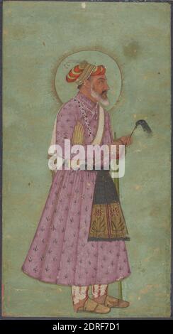 Portrait de l'empereur Shah Jahan, vers 1680, aquarelle opaque sur papier, 6 × 3 1/4 po. (15.2 × 8.3 cm), le portrait individualisé a prospéré dans l'Inde de Mughal à partir du XVIIe siècle, alors même que des façons plus traditionnelles et idéalisées de représenter les traits du visage sont restées dans la pratique. Ici, une Aurangzeb vieillissante est montrée avec un halo, un symbole de la royauté divinement ordonnée. , Inde, Indien, islamique, dynastie moghole (1526–1857), peintures Banque D'Images