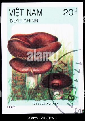 MOSCOU, RUSSIE - 4 JANVIER 2019 : un timbre imprimé au Vietnam montre Russula aurata, série de champignons, vers 1987 Banque D'Images