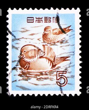 MOSCOU, RUSSIE - 9 FÉVRIER 2019 : un timbre imprimé au Japon montre les canards mandarin (Aix Galericulata), la faune, la flore et les trésors nationaux (1952-68) ser Banque D'Images