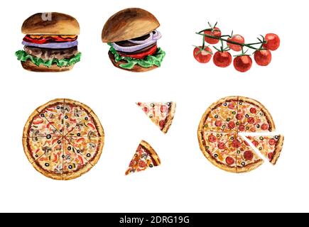 watercolor set pizza entière, tranches de pizza, hamburgers, tomates cerises sur une branche isolée sur un fond blanc Banque D'Images
