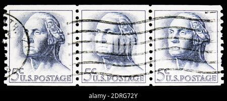 MOSCOU, RUSSIE - 10 FÉVRIER 2019 : trois timbres-poste imprimés aux États-Unis montre George Washington (1732-1799), 1961-1966 série régulière, Banque D'Images