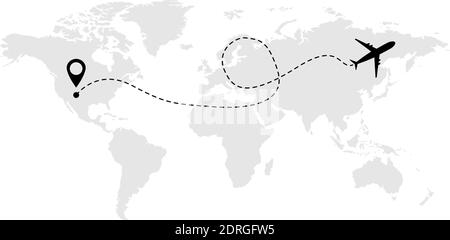 Icône de vecteur ligne d'avion de l'itinéraire de vol aérien avec point de départ et tracé de ligne . Illustration de Vecteur