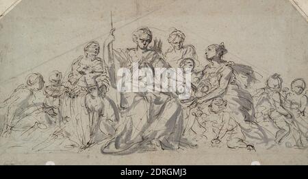 Artiste, anciennement attribué à : Sébastien Bourdon, français, 1616–1671, Diana avec nymphes et Putti, XVIIIe siècle, stylo et encre brune et gris lavant sur crayon, feuille : 22.4 × 41.1 cm (8 13/16 × 16 3/16po.), fabriqué en France, français, XVIIIe siècle, œuvres sur papier - dessins et aquarelles Banque D'Images