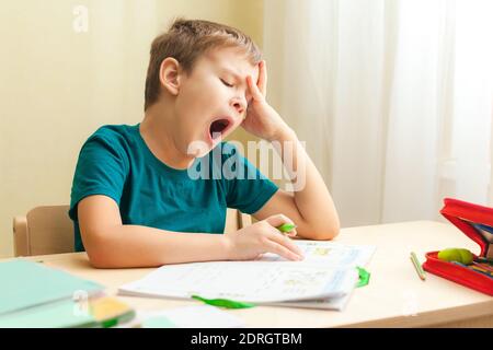 7 yeas vieux garçon assis à un bureau et faisant des devoirs. L'enfant écrit des notes dans le carnet, les devoirs difficiles, l'enfant se concentrant sur des exemples Banque D'Images