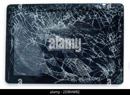 tablette avec écran cassé isolée sur blanc Banque D'Images