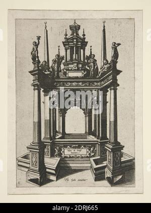 Artiste: Philip Galle, flamand, 1537–1612, après: Hans Vredeman de Vries, néerlandais, 1527–ca. 1606, Design pour enceinte de puits architectural, gravure, platemark: 19.8 × 14.1 cm (7 13/16 × 5 9/16 in.), fait en Flandre, flamande, 16ème siècle, oeuvres sur papier - estampes Banque D'Images