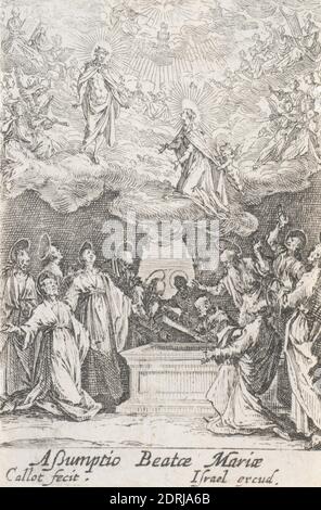 Artiste : Jacques Callot, français, 1592–1635, l'Assomption de la Vierge, no 13 de la vie de la Vierge, Etching, dans un livre, platemark: 6.7 × 4.5 cm (2 5/8 × 1 3/4in.), fait en France, Français, 17ème siècle, oeuvres sur papier - estampes Banque D'Images