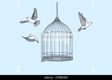 Nouvelles opportunités, liberté, concept de développement mental. Cage ouverte avec le vol de l'intérieur des oiseaux de colombes signifie obtenir la liberté de l'esprit et du corps illustr Illustration de Vecteur