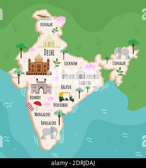 Infographies touristiques sur l'Inde. Carte de dessin animé du pays asiatique. Illustration de voyage avec des monuments, des bâtiments, de la nourriture et des plantes. Delhi, Taj Mahal, bombe Illustration de Vecteur