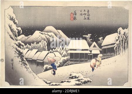 Artiste: Utagawa Hiroshige, japonais, 1797–1858, nuit neige à Kambara: Cinquante-trois stations du Tokaido, vers 1834, imprimé polychrome en blocs de bois, feuille: 9 1/2 × 14 3/4 po. (24.1 × 37.5 cm), Japon, japonais, période Edo (1615–1868), fonctionne sur papier - imprime Banque D'Images