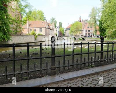 BRUGES, BELGIQUE - 10 mai 2019 : Belgique, Bruges, 10 mai 2019, 1.52 p. m, clôture forgée sur une rue pavée, derrière elle un pré avec de la sauvagine. Dans le Banque D'Images