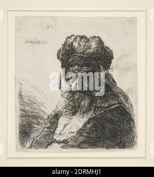 Artiste: Rembrandt (Rembrandt van Rijn), Néerlandais, 1606–1669, Old Bearded Man in a High fur Cap, avec les yeux fermés, vers 1635, Etching, feuille: 11.4 × 10.5 cm (4 1/2 × 4 1/8 in.), fabriqué aux pays-Bas, Néerlandais, 17ème siècle, oeuvres sur papier - estampes Banque D'Images