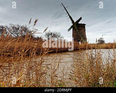 Les vestiges de Brograve Drainage Mill sur Waxham New Cut près de Horsey, Norfolk un jour gris de décembre avec des roseaux mourants et des cieux nuageux. Banque D'Images