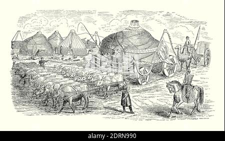 Une ancienne gravure d'un énorme «wagon cythien» tiré par 22 oxen et portant une habitation mobile recouverte de feutre. Il est tiré d'un livre victorien des années 1880. En arrière-plan sont plus petits, yourt-comme des logements. Un homme se déplace sur un chameau tirant une voiturette. Les Scythiens d'origine (Scyth, Saka, Sakae, Iskuzai, ou Askuzai) étaient un peuple nomade qui dominait la steppe pontique (au nord de la mer Noire, à travers le nord vers l'est jusqu'à la mer Caspienne) d'environ le VIIe siècle avant JC jusqu'à environ le IIIe siècle avant JC. Banque D'Images