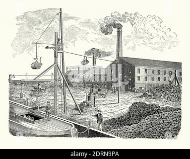 Une ancienne gravure d'un chemin de câble, d'un chemin de câble ou d'un tramway aérien dans les années 1800. Il est tiré d'un livre victorien des années 1880. Ici, un système britannique, le « chemin de fer à câble automatique de Haven », utilise un moteur à vapeur portable (au centre) pour alimenter la grue, mais le téléphérique lui-même utilise l'élévation/la gravité pour déplacer la cargaison d'une barge. Les godets vides sont chargés de charbon à partir de la soute du navire. Un travailleur sur une plate-forme surélevée guide le godet complet de la grue et de transférer ses rouleaux sur le câble incliné vers la décharge de charbon (droite). Les godets vides redescendent vers le bas jusqu'au quai. Banque D'Images