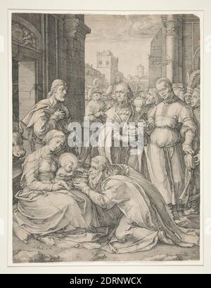 Artiste: Hendrick Goltzius, néerlandais, 1558–1617, l'adoration des Mages, de la série la naissance et la vie précoce du Christ, vers 1594, gravure, feuille: 46.2 × 34.7 cm (18 3/16 × 13 11/16 po) (Rogné à l'image), fabriqué aux pays-Bas, néerlandais, XVIe siècle, œuvres sur papier - tirages Banque D'Images