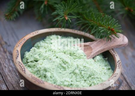 Fichtennadel-Salz, Fichtennadelsalz, Fichten-Salz gemischt mit Fichtennadeln, Kräutersalz, Badesalz, Fichtennadeln, Nadeln, aiguille d'épinette, besoin d'épinette Banque D'Images
