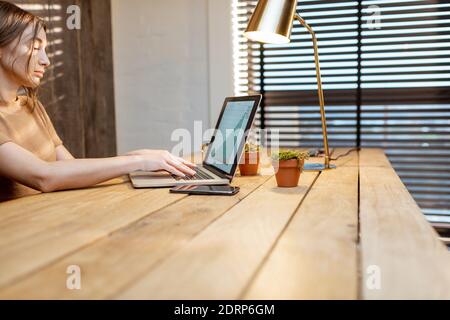 Femme travaillant sur un ordinateur portable dans le bureau à domicile confortable. Concept de travail à domicile Banque D'Images