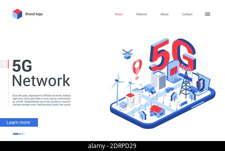 Page d'accueil de concept moderne, bannière de site Web, technologie de mise en réseau mobile 3d TECH pour la ville intelligente, connexion sans fil de télécommunication haut débit 5g. Illustration vectorielle de réseau isométrique 5g Illustration de Vecteur