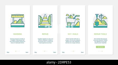 Illustration du vecteur de construction de réparation routière. UX, écran de page d'application mobile d'intégration d'interface utilisateur avec symboles de ligne du cône de circulation, barrière de panneau d'avertissement, brouette, réparation des outils routiers de reconstruction Illustration de Vecteur
