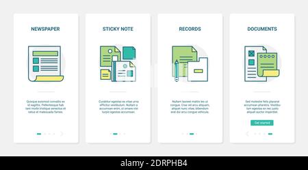 Illustration vectorielle de document métier, fichiers de données. UX, jeu d'écrans de page d'application mobile d'intégration d'interface utilisateur avec article de journal papier, pense-bêtes pour les dossiers, symboles de documentation du formulaire de liste de contrôle du planificateur Illustration de Vecteur