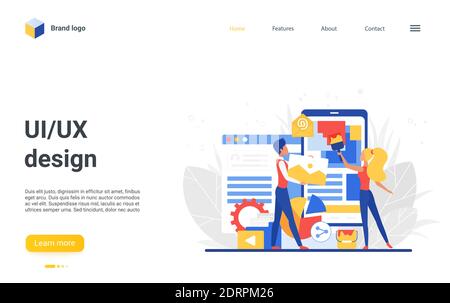 Site Web page d'arrivée conception avec dessin animé plat minuscules personnes équipe de créateurs, les personnages de concepteur créer, construire application mobile, développement d'éléments filaires. Illustration du vecteur de création de l'application de conception UI ux Illustration de Vecteur