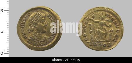 Règle: Theodosius I, empereur de Rome, ca. 346–395, gouvernée 379–95, monnaie : Constantinople, pièce de Théodosius I, empereur de Rome de Constantinople, 394–95, Or, 4.31 g, 6:00, 20.7 mm, fait à Constantinople, romain, 4e siècle, numismatique Banque D'Images