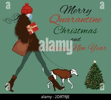 Merry Christmas femme portant un masque médical et tenant cadeau, covid19, corona virus concept - illustration vectorielle Illustration de Vecteur
