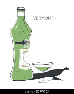 Boisson alcoolisée vermouth en bouteille et verre Illustration de Vecteur